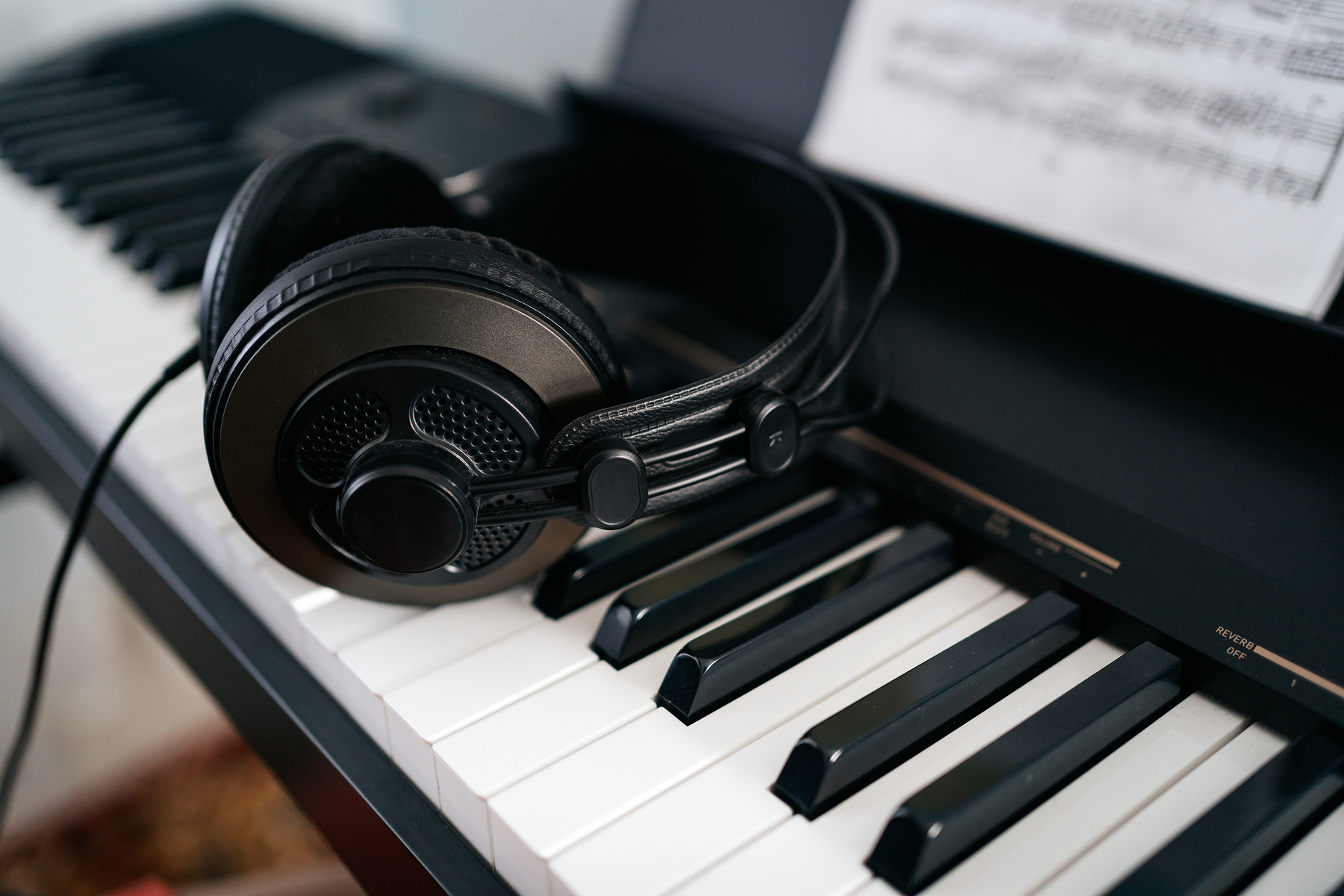 Headphones that lying down on the keyboard